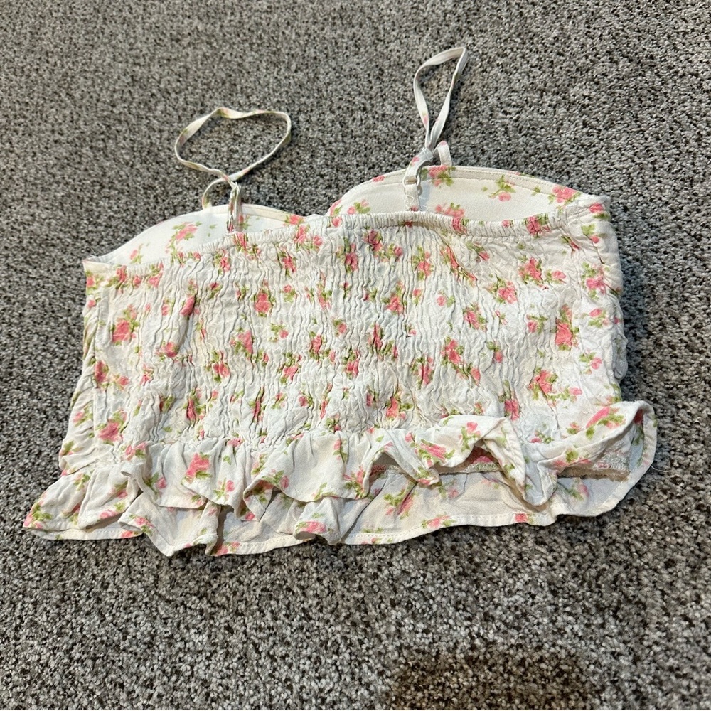 SIM & SAM M Ivory Pink Floral Top Bustier Smocked Back Stretch - Picture 4 of 10
